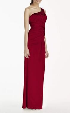 David's Bridal Red Satin One-Shoulder Ruched Formal Dress Womens Size 4 Pleated